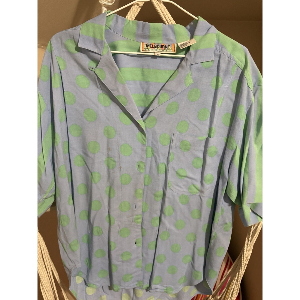 Vtg‎ Melbourne Essentials Blue W/green Polka Dots And Stripes Size M